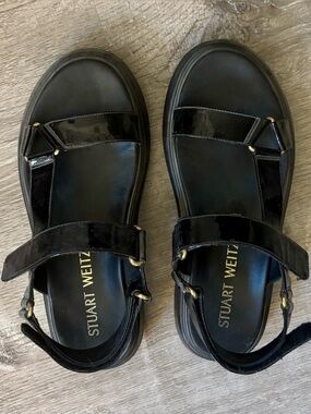 Stuart Weitzman Black Patent Leather Chunky Sandals